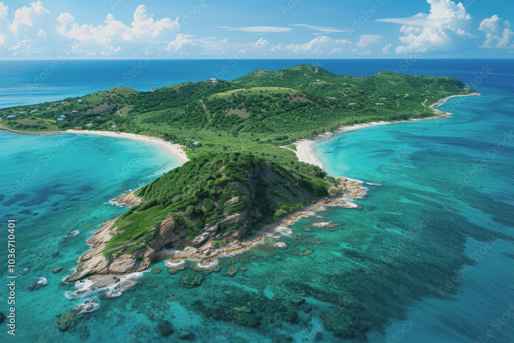 Stunning aerial view of a tropical island. Clear turquoise waters and white sandy beaches. Stunning aerial view of a tropical island. Clear turquoise waters and white sandy beaches.