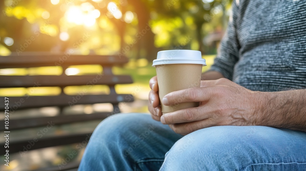 Middle-aged man with slight tremor holding cup of coffee on park bench, symbolizing struggle with Parkinson's disease, calm natural setting. Middle-aged man with slight tremor holding cup of coffee on park bench, symbolizing struggle with Parkinson's disease, calm natural setting.