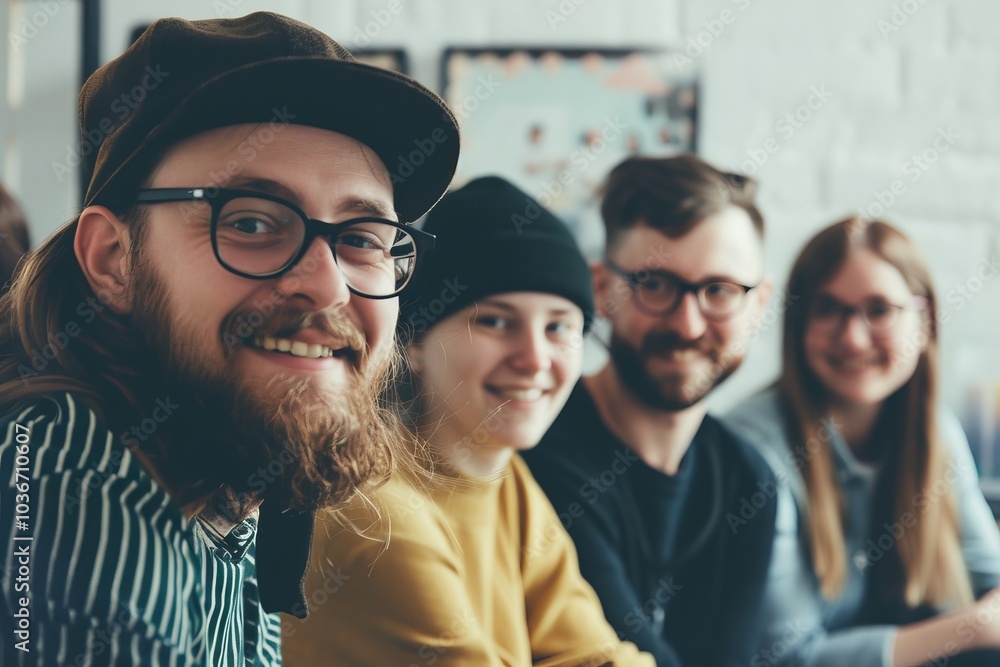 Portrait of a smiling hipster man in a cap and glasses with his friends Portrait of a smiling hipster man in a cap and glasses with his friends