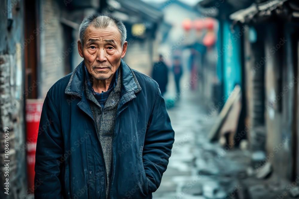 An old man wearing a black coat stands in front of a building. He looks tired and lonely An old man wearing a black coat stands in front of a building. He looks tired and lonely