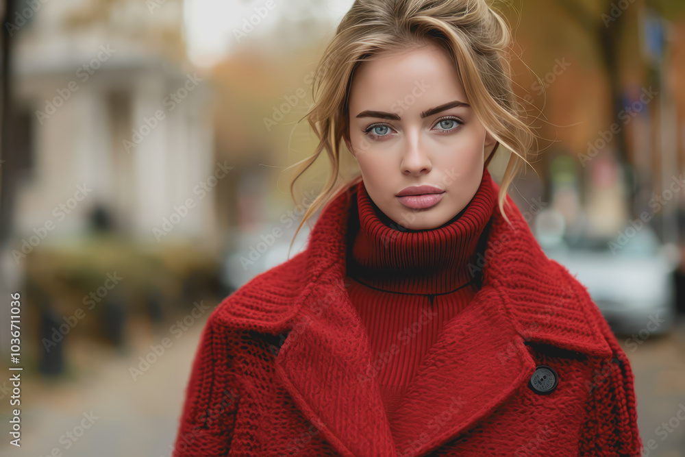 Beautiful fashion model in a red turtleneck sweater and red fur coat outdoors on a city street. Beautiful fashion model in a red turtleneck sweater and red fur coat outdoors on a city street.