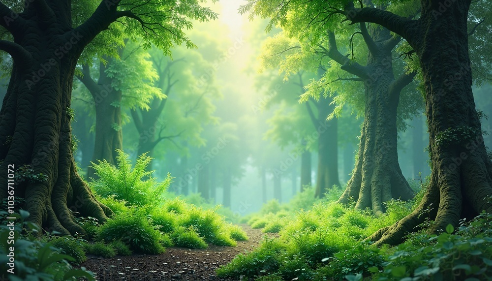 Fototapeta premium Enchanted forest path with ethereal sunbeams and lush verdant greenery