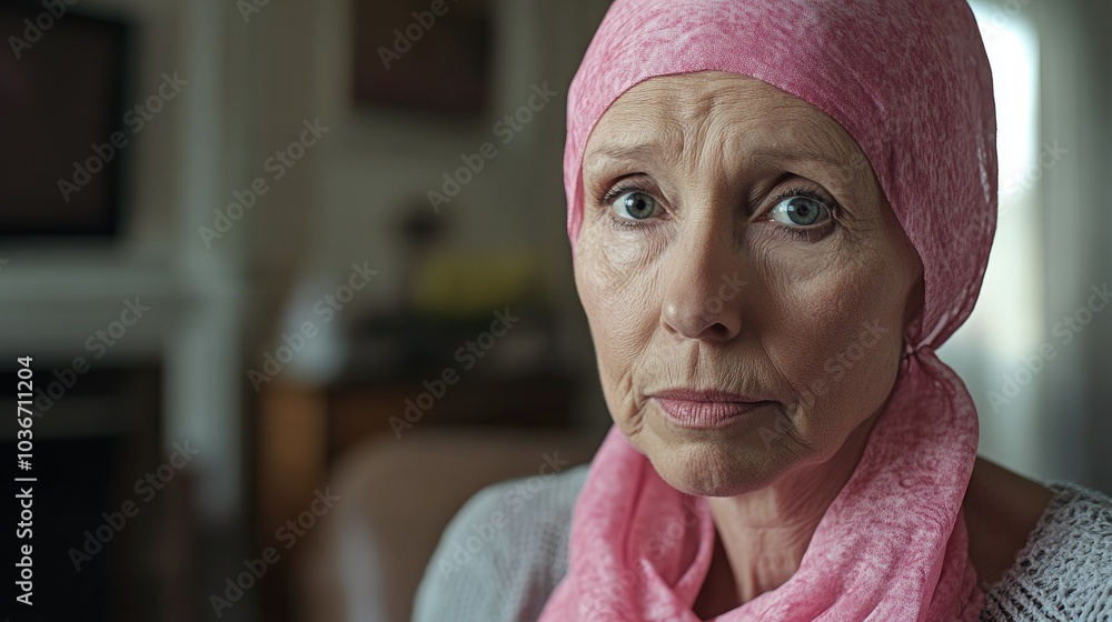A older woman with cancer, wearing a pink scarf, looks directly into the camera Breast Cancer support A older woman with cancer, wearing a pink scarf, looks directly into the camera Breast Cancer support