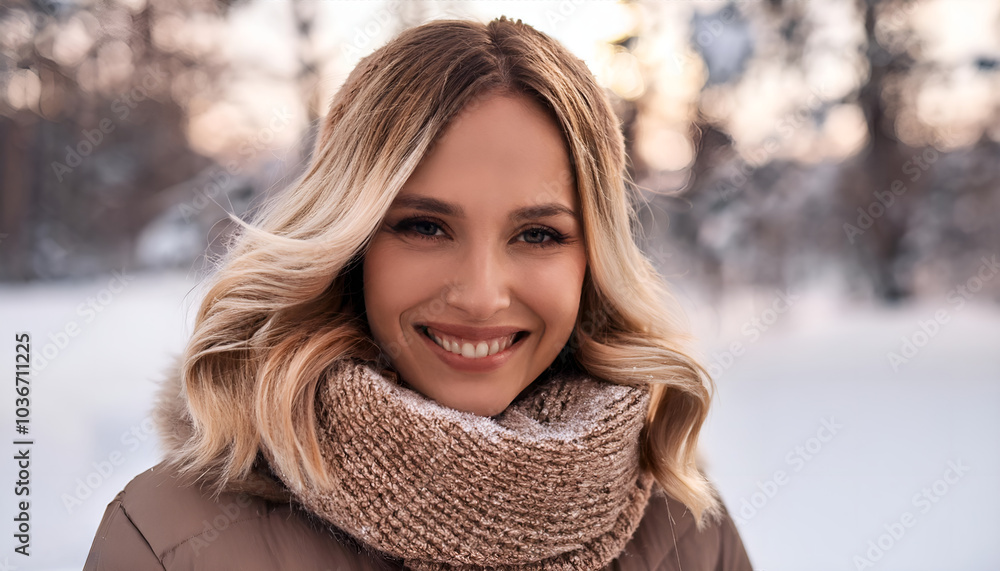 Portrait of a cheerful woman wearing a cozy scarf in a snowy landscape. She exudes warmth and happiness, embracing the winter season with joy and style. Portrait of a cheerful woman wearing a cozy scarf in a snowy landscape. She exudes warmth and happiness, embracing the winter season with joy and style.