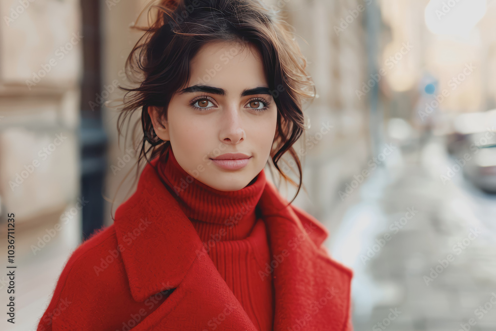 Beautiful fashion model in a red turtleneck sweater and red fur coat outdoors on a city street. Beautiful fashion model in a red turtleneck sweater and red fur coat outdoors on a city street.