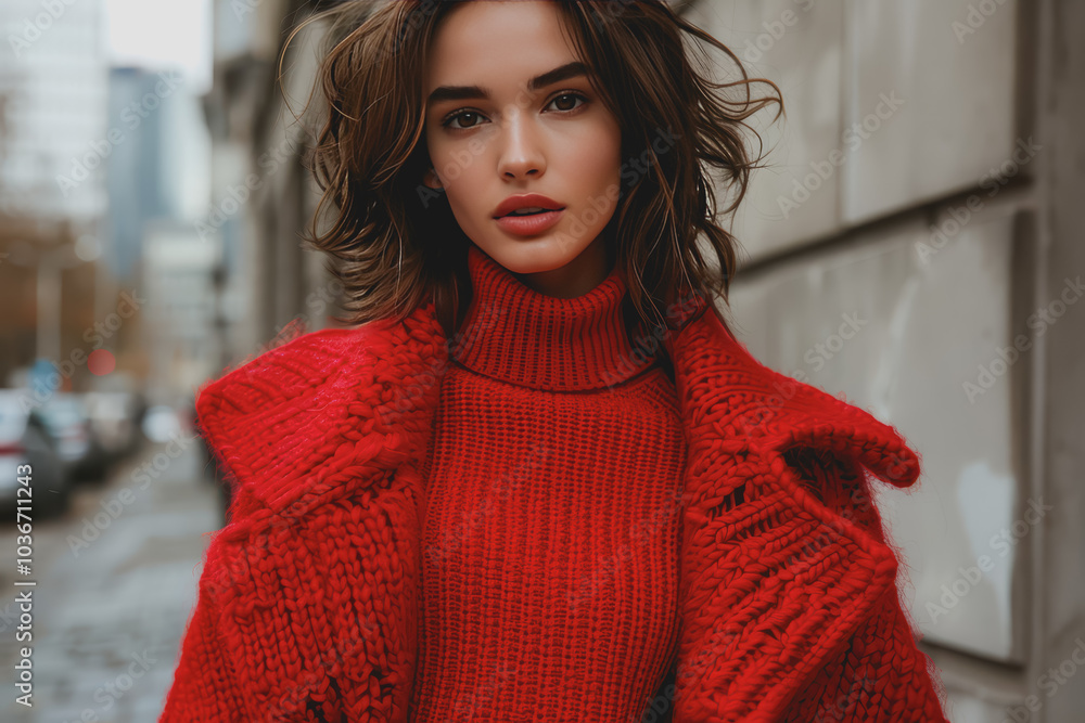 Beautiful fashion model in a red turtleneck sweater and red fur coat outdoors on a city street. Beautiful fashion model in a red turtleneck sweater and red fur coat outdoors on a city street.