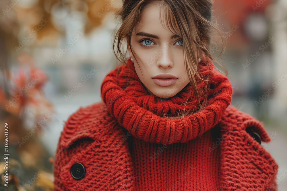 Beautiful fashion model in a red turtleneck sweater and red fur coat outdoors on a city street. Beautiful fashion model in a red turtleneck sweater and red fur coat outdoors on a city street.