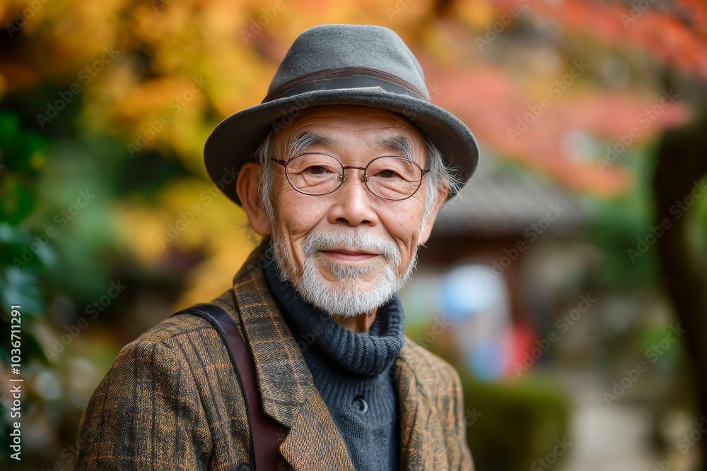 An older man wearing a hat and glasses is smiling for the camera. He is wearing a brown jacket and a black scarf An older man wearing a hat and glasses is smiling for the camera. He is wearing a brown jacket and a black scarf