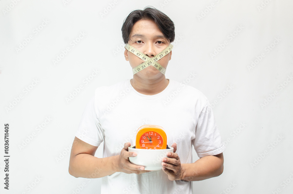 anorexia a diet concept illustrated by young asian man with unhappy expression covering his mouth with a measuring tape while holding a bowl with clock. eating disorder concept. extreme diet comcept. anorexia a diet concept illustrated by young asian man with unhappy expression covering his mouth with a measuring tape while holding a bowl with clock. eating disorder concept. extreme diet comcept.