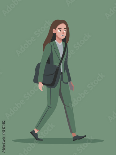 "A clean and simple vector illustration of a woman with shoulder-length, straight hair, walking in a relaxed, casual manner. She is dressed in a dark gray suit and carries a black backpack