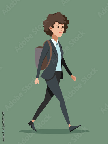 "A clean and simple vector illustration of a woman with short, curly hair, walking with a brisk, confident stride. She is wearing a dark gray business suit and carrying a black backpack.