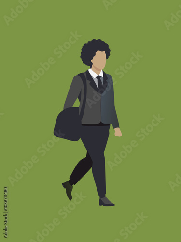 No.2 A clean and simple vector illustration of a woman with short, curly hair, walking with a brisk, confident stride. She is wearing a dark gray business suit and carrying a black backpack.