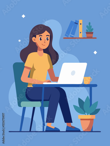 No.2 A vector illustration of a young woman sitting at a desk using a laptop. She is relaxed, with her shoulder-length hair slightly tousled, focused on the screen. Her posture is casual