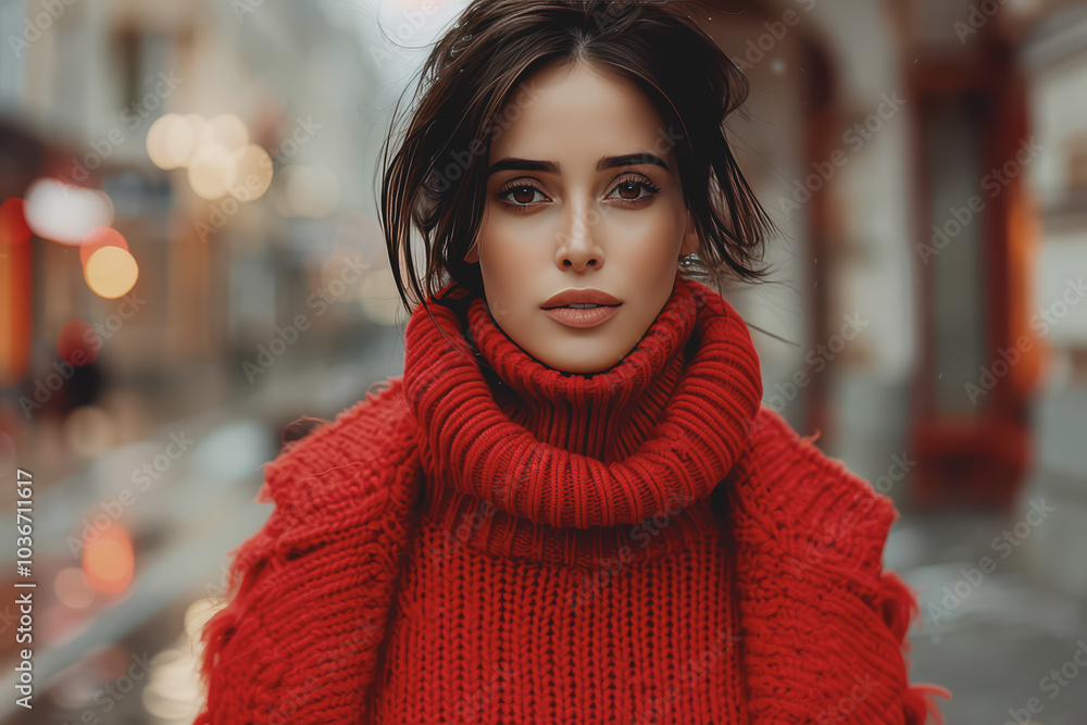 Beautiful fashion model in a red turtleneck sweater and red fur coat outdoors on a city street. Beautiful fashion model in a red turtleneck sweater and red fur coat outdoors on a city street.