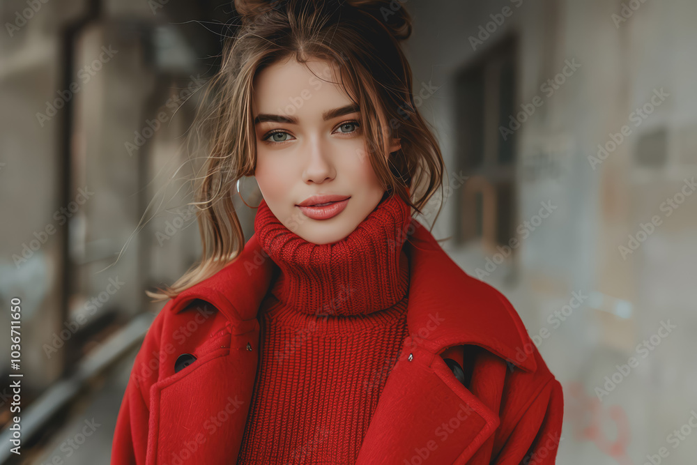 Beautiful fashion model in a red turtleneck sweater and red fur coat outdoors on a city street. Beautiful fashion model in a red turtleneck sweater and red fur coat outdoors on a city street.