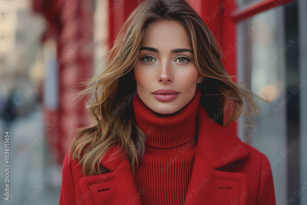 Beautiful fashion model in a red turtleneck sweater and red fur coat outdoors on a city street. Beautiful fashion model in a red turtleneck sweater and red fur coat outdoors on a city street.
