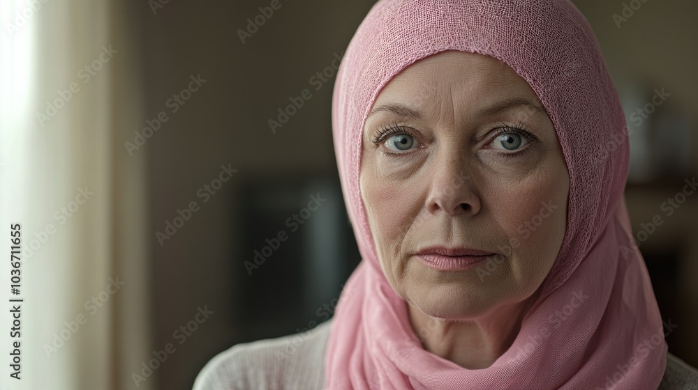 A older woman with cancer, wearing a pink scarf, looks directly into the camera Breast Cancer support A older woman with cancer, wearing a pink scarf, looks directly into the camera Breast Cancer support