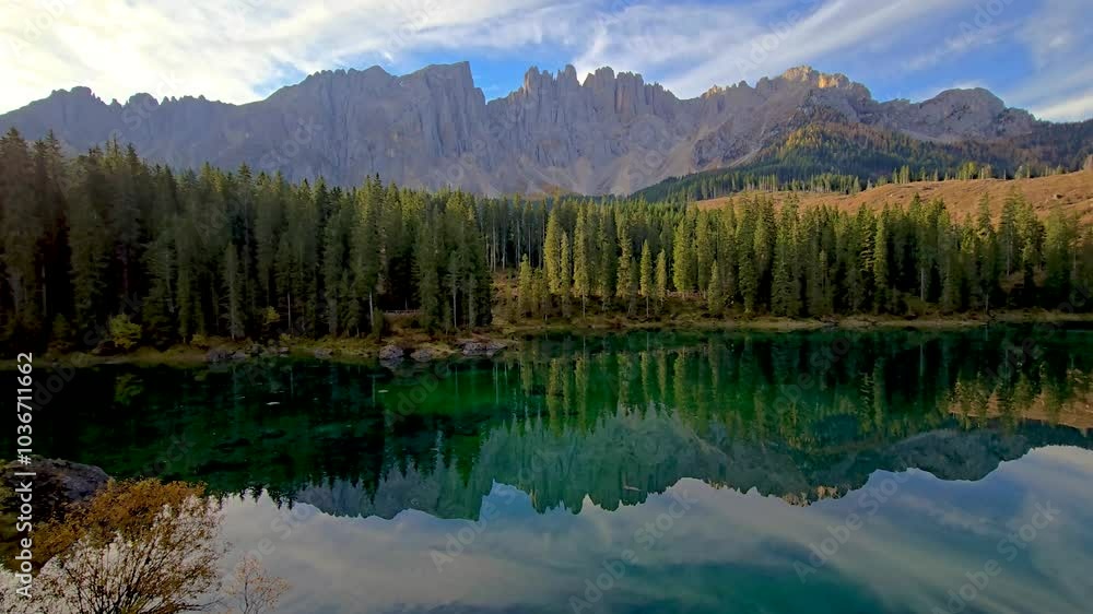 Experience the tranquil allure of a pristine Alpine lake illuminated by the soft light of dawn, framed by stunning mountain peaks and lush forests, Karersee lake Dolomites, Italy, lake Carezza Experience the tranquil allure of a pristine Alpine lake illuminated by the soft light of dawn, framed by stunning mountain peaks and lush forests, Karersee lake Dolomites, Italy, lake Carezza