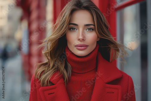 Beautiful fashion model in a red turtleneck sweater and red fur coat outdoors on a city street.