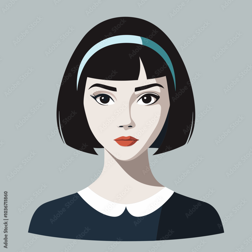 Bob Haircut: A vector illustration of a young woman with a classic bob haircut, with the hair cut evenly just below her jawline. The bob is sleek with a slight inward curve at the ends, framing her fa Bob Haircut: A vector illustration of a young woman with a classic bob haircut, with the hair cut evenly just below her jawline. The bob is sleek with a slight inward curve at the ends, framing her fa