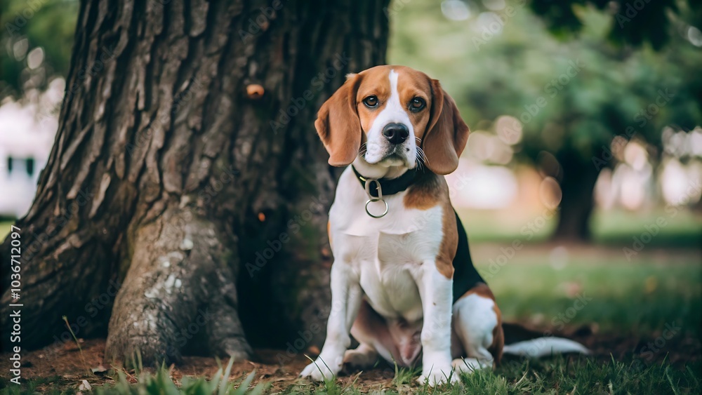 Beagle Dog Sitting Under a Tree Beagle Dog Sitting Under a Tree