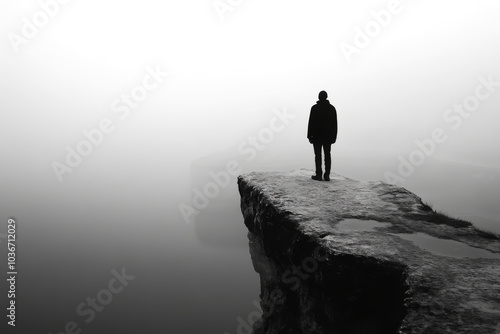 A man stands on a ledge overlooking a body of water. The scene is quiet and peaceful, with the man alone on the ledge. The water below him is calm and still, reflecting the sky above photo