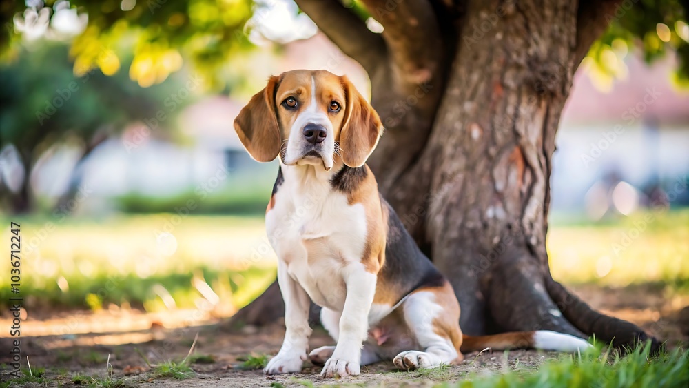 Beagle Dog Sitting Under a Tree Beagle Dog Sitting Under a Tree