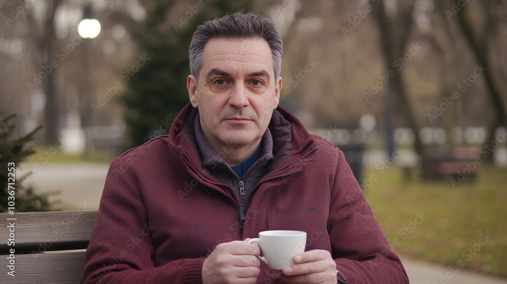 Middle-aged man with slight tremor holding cup of coffee on park bench, symbolizing struggle with Parkinson's disease, calm natural setting. Middle-aged man with slight tremor holding cup of coffee on park bench, symbolizing struggle with Parkinson's disease, calm natural setting.
