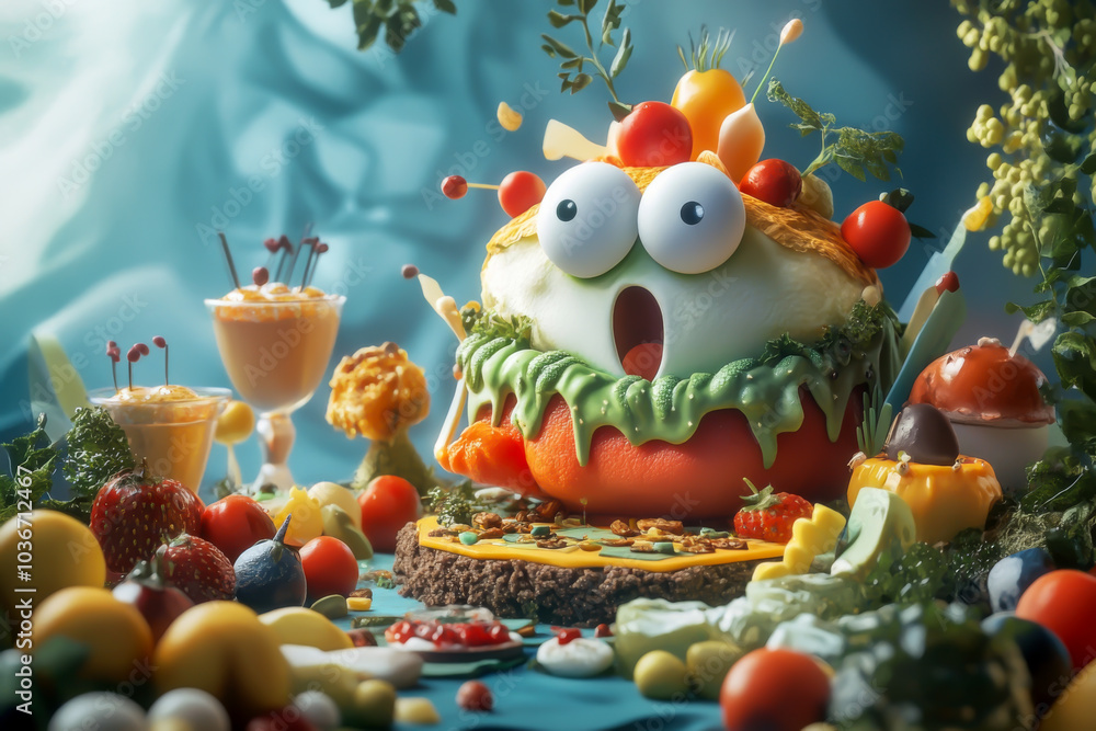 A cartoonish looking monster made out of vegetables and fruits is sitting on a table with a variety of food items A cartoonish looking monster made out of vegetables and fruits is sitting on a table with a variety of food items