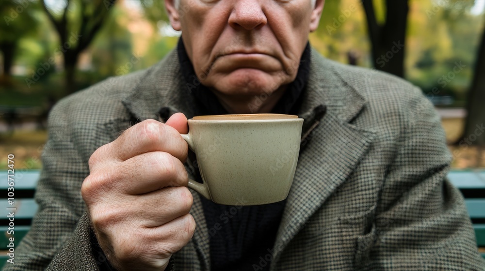 Middle-aged man with slight tremor holding cup of coffee on park bench, symbolizing struggle with Parkinson's disease, calm natural setting.