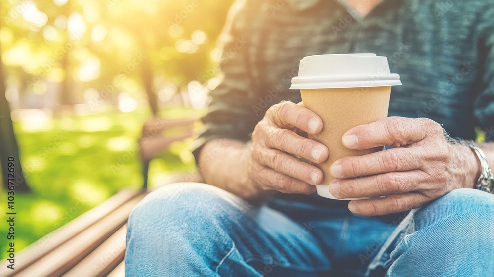 Middle-aged man with slight tremor holding cup of coffee on park bench, symbolizing struggle with Parkinson's disease, calm natural setting. Middle-aged man with slight tremor holding cup of coffee on park bench, symbolizing struggle with Parkinson's disease, calm natural setting.