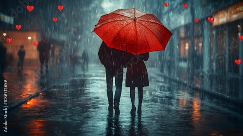 Wallpaper Mural Romantic couple sharing an umbrella under heart-shaped raindrops: 3D-rendered couple walking through a rainy street with heart-shaped raindrops falling on their umbrella Torontodigital.ca