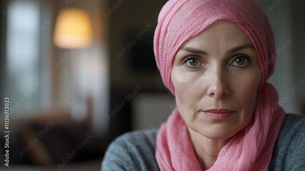 A older woman with cancer, wearing a pink scarf, looks directly into the camera Breast Cancer support A older woman with cancer, wearing a pink scarf, looks directly into the camera Breast Cancer support