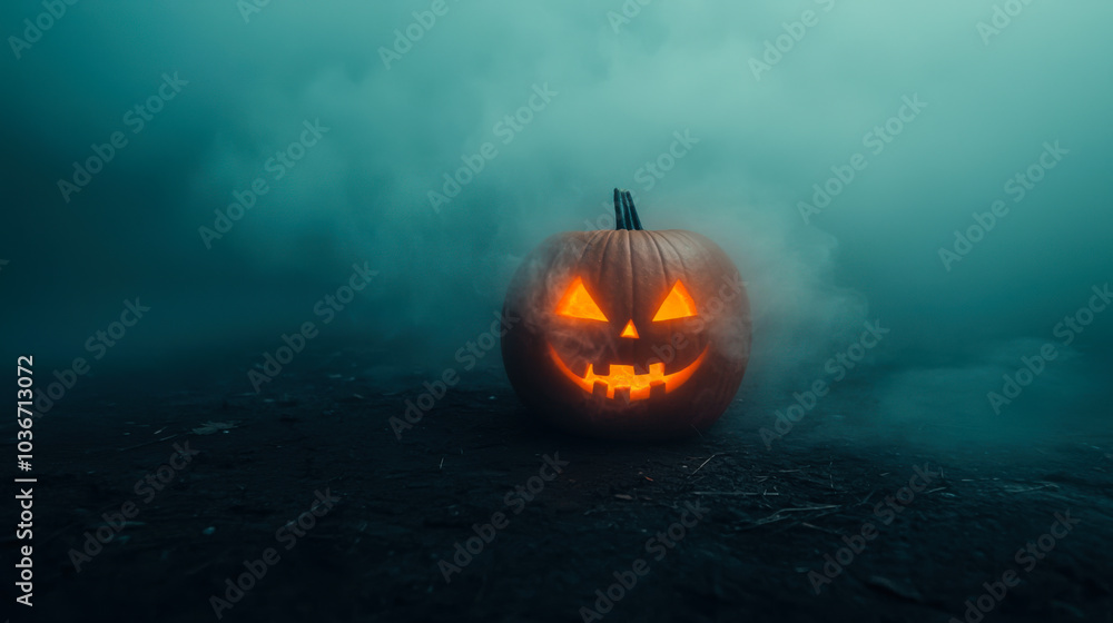 Naklejka premium Glow of a carved pumpkin on a misty Halloween night showcasing a sinister grin in eerie surroundings
