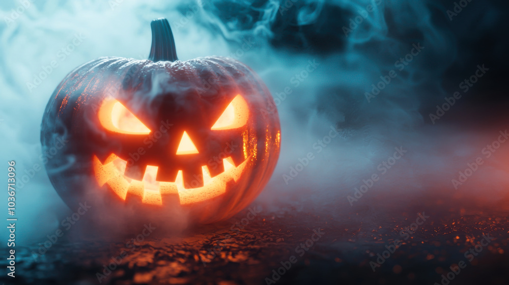 Glow of a carved pumpkin on a misty Halloween night showcasing a sinister grin in eerie surroundings Glow of a carved pumpkin on a misty Halloween night showcasing a sinister grin in eerie surroundings