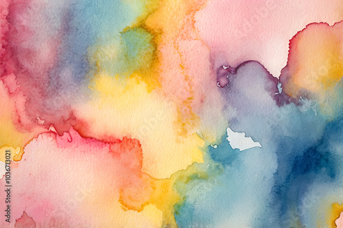 Watercolor background filled with pink, yellow and blue colors. photo