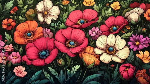 Wallpaper Mural Adult coloring book cover featuring intricate floral designs, partially colored with vibrant shades. Relaxing and creative flower-themed illustrations for stress relief and mindful enjoyment. Torontodigital.ca