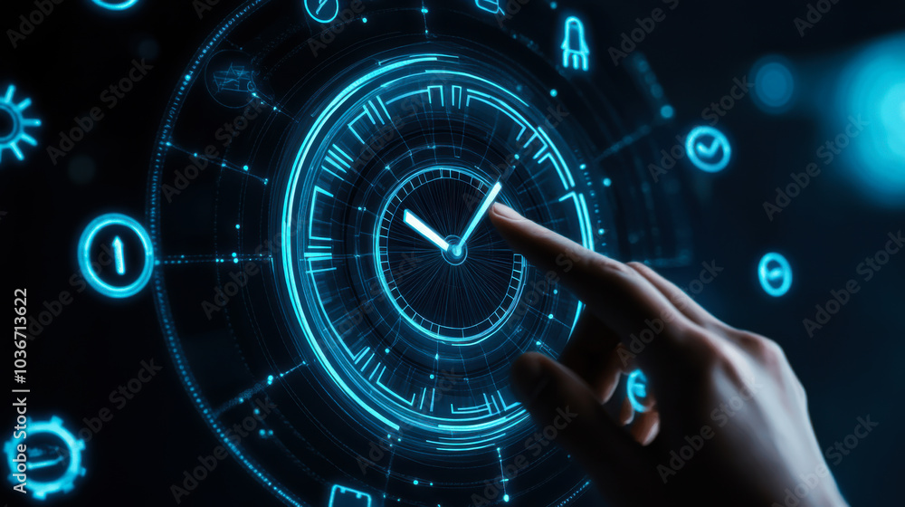 Interactive digital interface displaying time and various symbols with a hand touching the screen in a modern tech setting Interactive digital interface displaying time and various symbols with a hand touching the screen in a modern tech setting