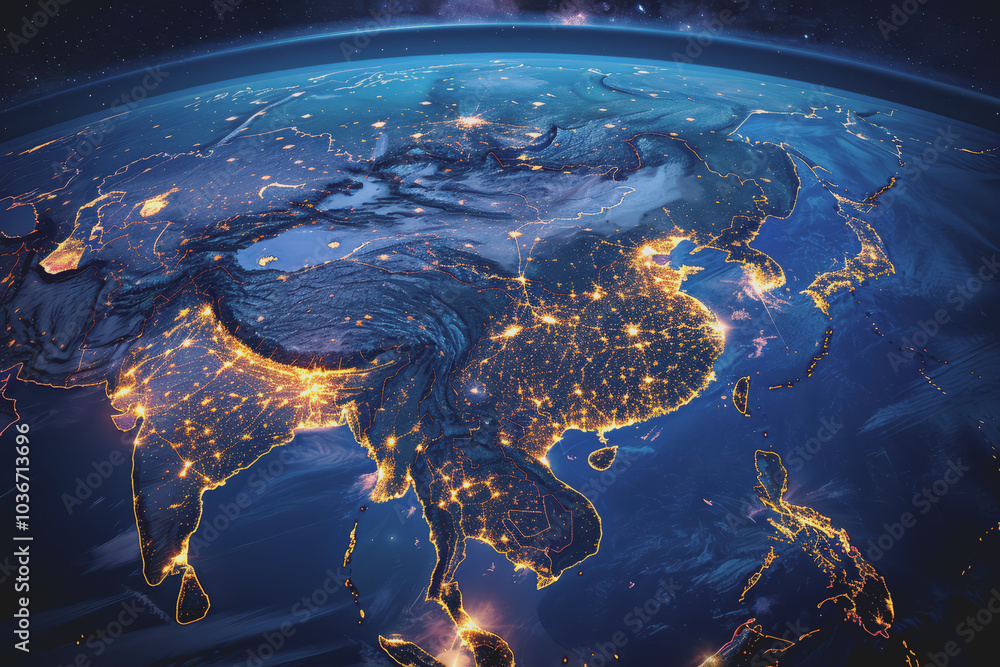Satellite view of Earth's globe from space, city lights by night, East Asia China abstract map. Satellite view of Earth's globe from space, city lights by night, East Asia China abstract map.