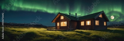 Wooden house with full moon grass northern light in green landscape