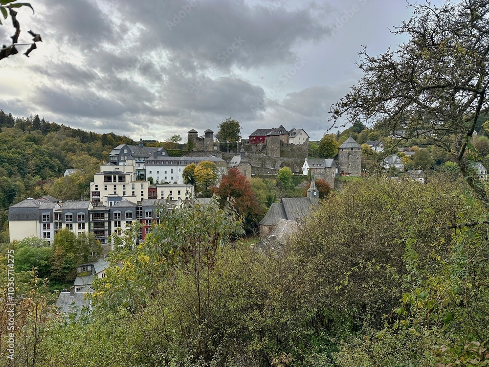 View from the Eifel mountains of the wonderful historic town of Monschau. View from the Eifel mountains of the wonderful historic town of Monschau.