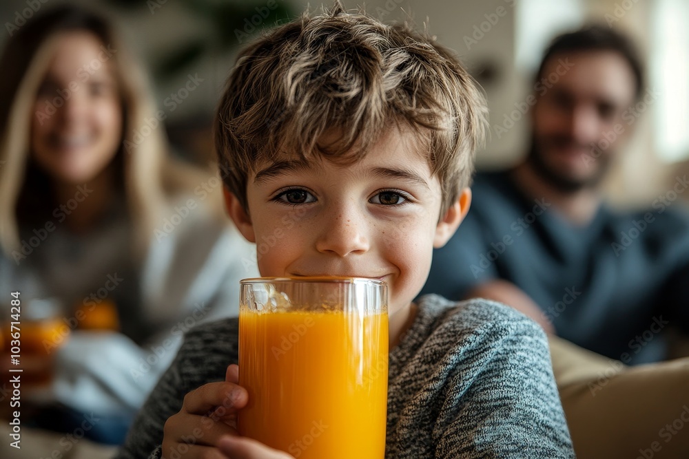 Young boy drinking his fruit juice in front of his parents, Generative AI Young boy drinking his fruit juice in front of his parents, Generative AI