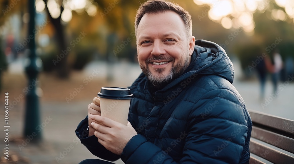 Middle-aged man with slight tremor holding cup of coffee on park bench, symbolizing struggle with Parkinson's disease, calm natural setting. Middle-aged man with slight tremor holding cup of coffee on park bench, symbolizing struggle with Parkinson's disease, calm natural setting.