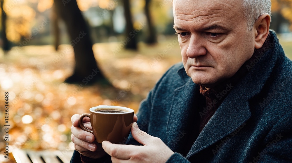 Middle-aged man with slight tremor holding cup of coffee on park bench, symbolizing struggle with Parkinson's disease, calm natural setting. Middle-aged man with slight tremor holding cup of coffee on park bench, symbolizing struggle with Parkinson's disease, calm natural setting.
