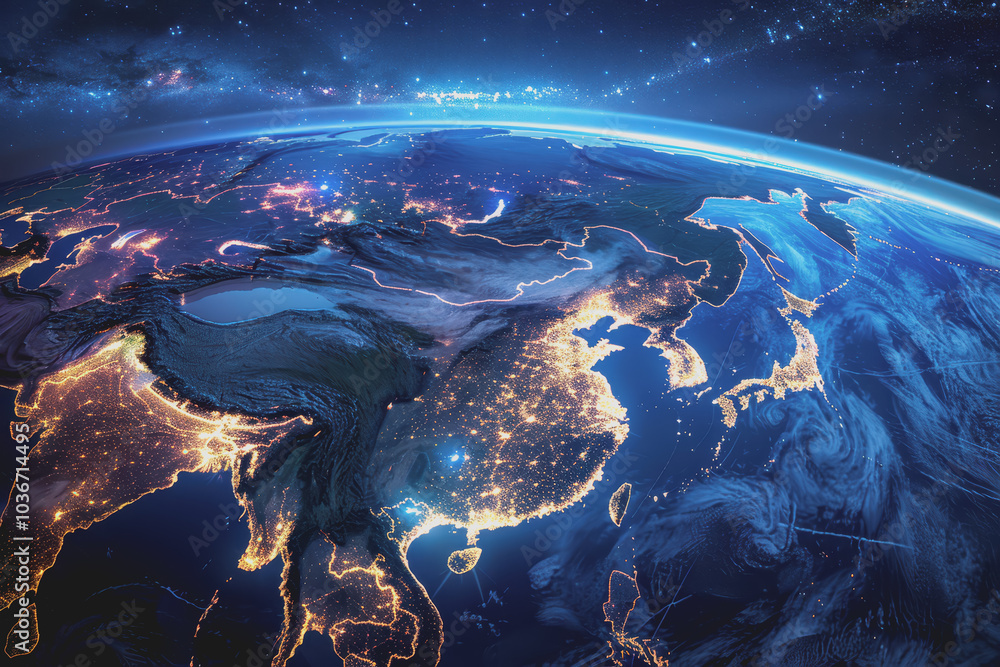 Satellite view of Earth's globe from space, city lights by night, East Asia China abstract map. Satellite view of Earth's globe from space, city lights by night, East Asia China abstract map.