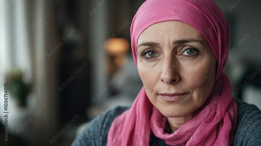 A older woman with cancer, wearing a pink scarf, looks directly into the camera Breast Cancer support A older woman with cancer, wearing a pink scarf, looks directly into the camera Breast Cancer support