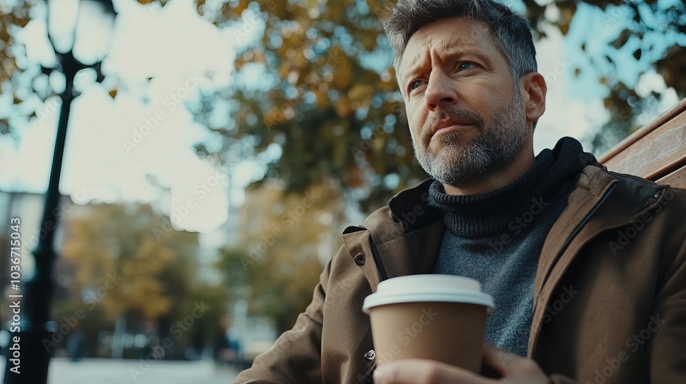 Middle-aged man with slight tremor holding cup of coffee on park bench, symbolizing struggle with Parkinson's disease, calm natural setting. Middle-aged man with slight tremor holding cup of coffee on park bench, symbolizing struggle with Parkinson's disease, calm natural setting.