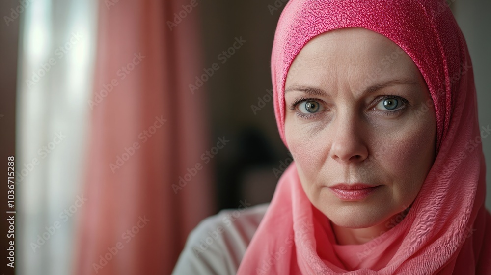A older woman with cancer, wearing a pink scarf, looks directly into the camera Breast Cancer support A older woman with cancer, wearing a pink scarf, looks directly into the camera Breast Cancer support