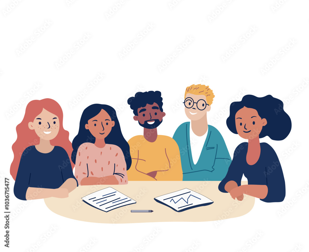 Men, woman of different nationalities sitting at desk. Business teamwork concept. Group therapy, personal growth training, brainstorming meeting, negotiation, conference Men, woman of different nationalities sitting at desk. Business teamwork concept. Group therapy, personal growth training, brainstorming meeting, negotiation, conference