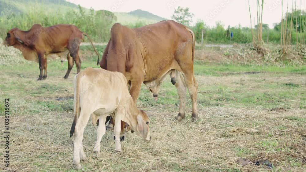 Native Thai cows in the countryside grassfield. Cows eat grass naturally. Livestock concept. Native Thai cows in the countryside grassfield. Cows eat grass naturally. Livestock concept.